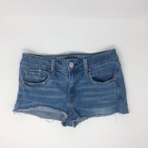 AEO Super Super Stretch Distressed Midi Shorts